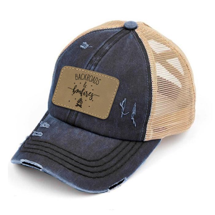 Engraved Distressed Backroads & Bonfires Patch Premium Ponytail Hat