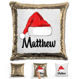 Personalized Santa Claus Hat Christmas Magic Sequin Pillow Pillow GLAM Gold 
