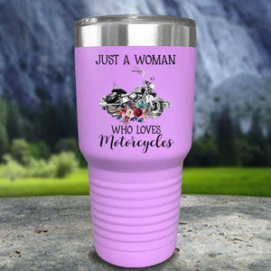 A Woman Who Loves Motorcycles Color Printed Tumblers Tumbler Nocturnal Coatings 30oz Tumbler Lavender 