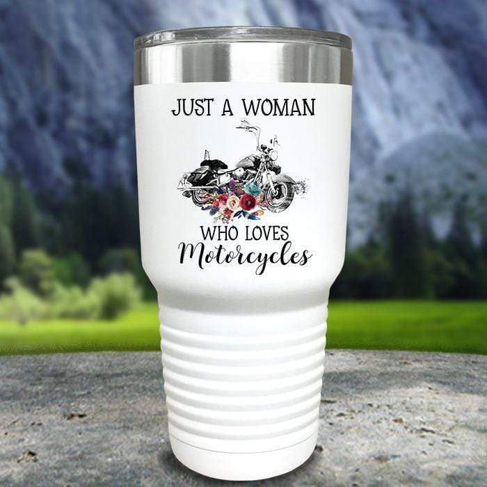 A Woman Who Loves Motorcycles Color Printed Tumblers Tumbler Nocturnal Coatings 30oz Tumbler White 