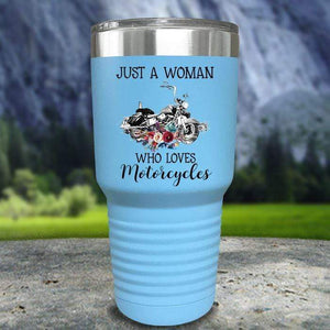 A Woman Who Loves Motorcycles Color Printed Tumblers Tumbler Nocturnal Coatings 30oz Tumbler Light Blue 