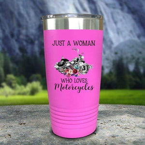 A Woman Who Loves Motorcycles Color Printed Tumblers Tumbler Nocturnal Coatings 20oz Tumbler Pink 