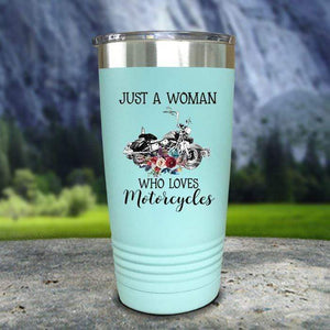 A Woman Who Loves Motorcycles Color Printed Tumblers Tumbler Nocturnal Coatings 20oz Tumbler Mint 