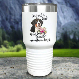 A Girl Who Loves Bernese Mountain Dogs Color Printed Tumblers Tumbler Nocturnal Coatings 30oz Tumbler White 