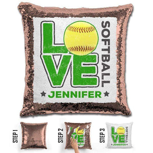 Personalized LOVE Softball Magic Sequin Pillow Pillow GLAM Rose Gold Green 