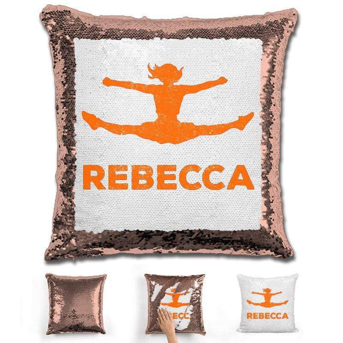 Competitive Cheerleader Personalized Magic Sequin Pillow Pillow GLAM Rose Gold Orange 