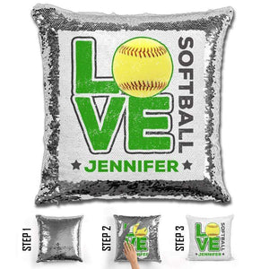Personalized LOVE Softball Magic Sequin Pillow Pillow GLAM Silver Green 