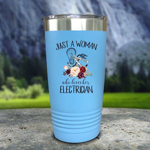 Just A Woman Who Loves Her Electrician Color Printed Tumblers Tumbler Nocturnal Coatings 20oz Tumbler Light Blue 
