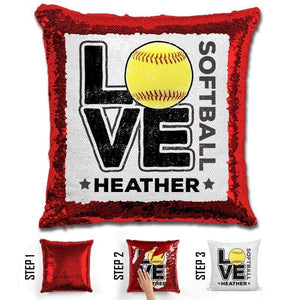Personalized LOVE Softball Magic Sequin Pillow Pillow GLAM Red Black 