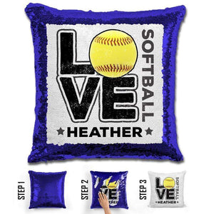 Personalized LOVE Softball Magic Sequin Pillow Pillow GLAM Blue Black 