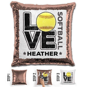 Personalized LOVE Softball Magic Sequin Pillow Pillow GLAM Rose Gold Black 