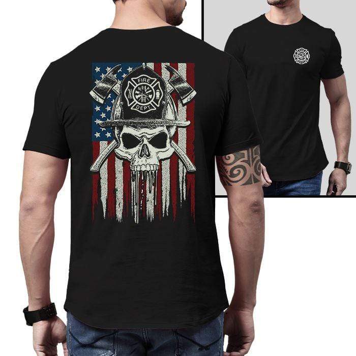 Firefighter American Flag Skull Premium Tee T-Shirts CustomCat Black X-Small 