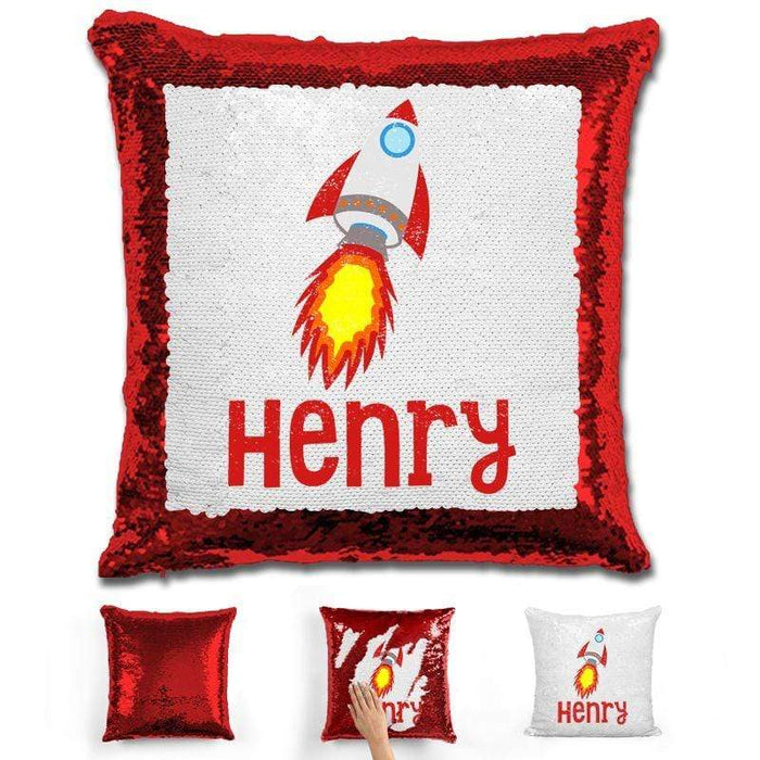 Rocket Ship Personalized Magic Sequin Pillow Pillow GLAM Red 