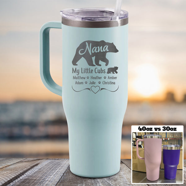 Personalized Mama Bear 40oz Tumbler with Engraved Name/Text，Custom Mom  Travel Coffee Mug Cup with Handle & Straw & Lid- Personalized Mothers Day  Gift