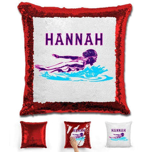 Swimming Personalized Magic Sequin Pillow Pillow GLAM Red Pink 