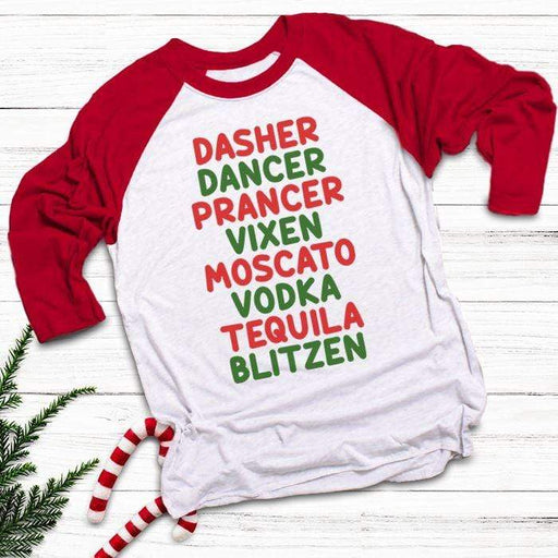 Dasher Dancer Blitzen Raglan T-Shirts CustomCat White/Red X-Small 