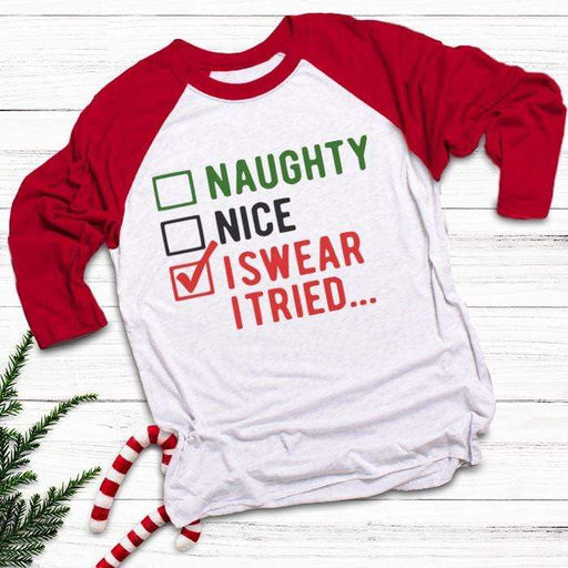 Naughty Nice I Tried Raglan T-Shirts CustomCat White/Red X-Small 