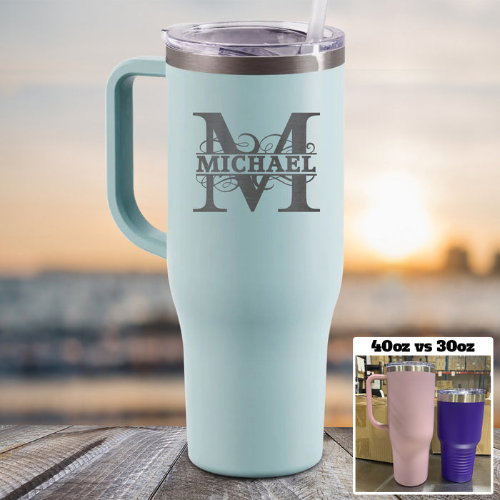 Personalized Split Monogram 40 oz Tumbler with Handle and Slider Lid