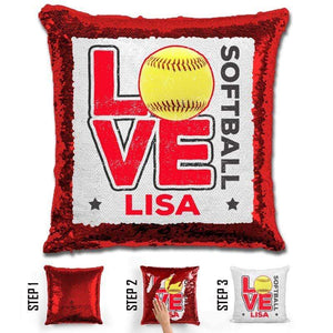 Personalized LOVE Softball Magic Sequin Pillow Pillow GLAM Red Red 
