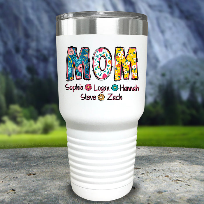 Mom Floral Letters Personalized With Kids Names Color Printed Tumblers