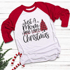 Mom Who Loves Christmas Raglan T-Shirts CustomCat White/Red X-Small 