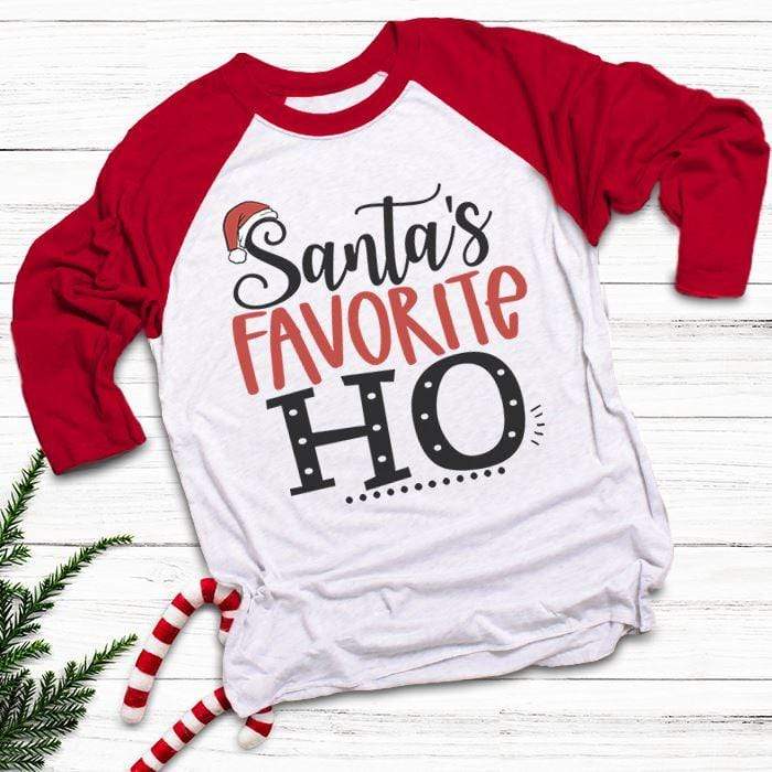 Santa's Favorite HO Raglan T-Shirts CustomCat White/Red X-Small 