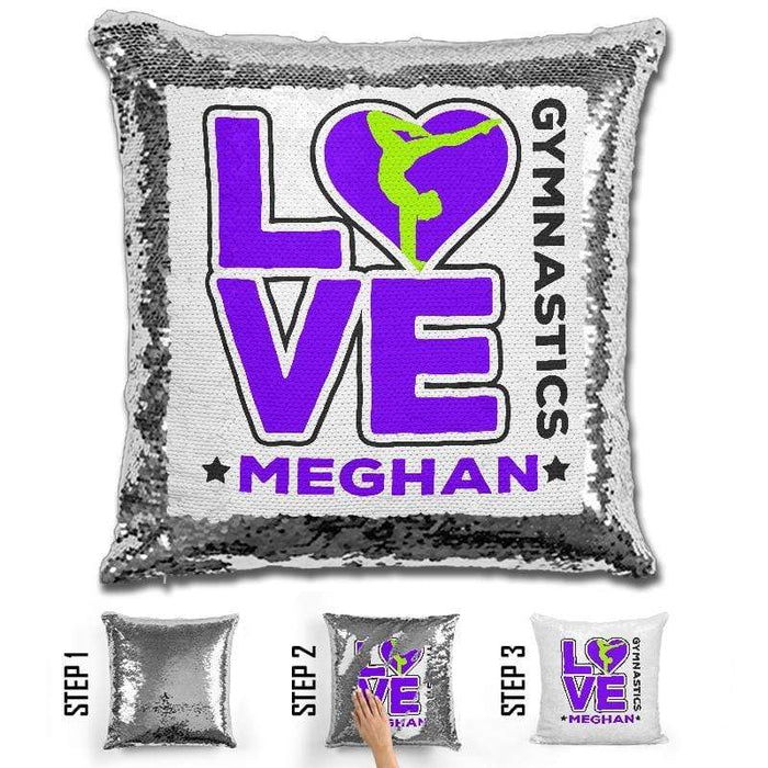 Personalized LOVE Gymnastics Magic Sequin Pillow Pillow GLAM Purple 