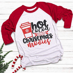 Hot Cocoa Christmas Movies Raglan T-Shirts CustomCat White/Red X-Small 