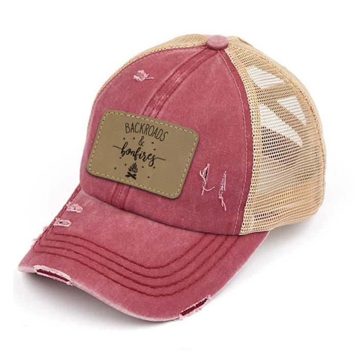 Engraved Distressed Backroads & Bonfires Patch Premium Ponytail Hat