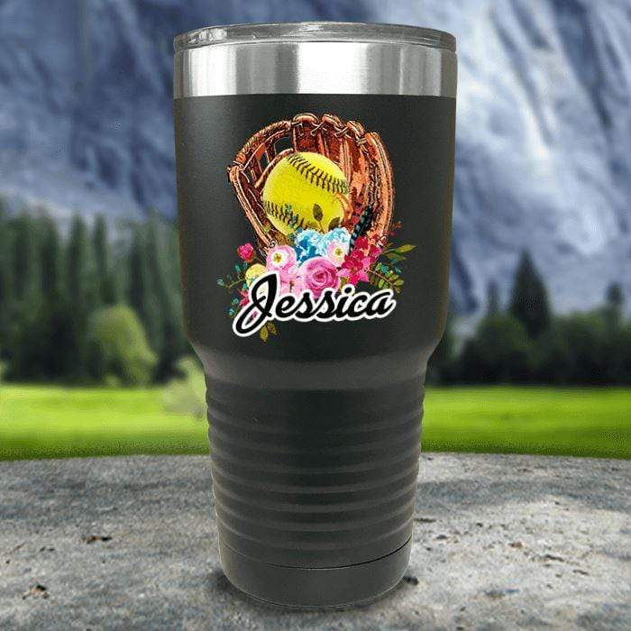 CUSTOM Softball Glove Color Printed Tumblers Tumbler Nocturnal Coatings 30oz Tumbler Black 