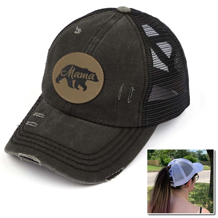 Mama Bear Engraved Leather Patch Premium Ponytail Hat