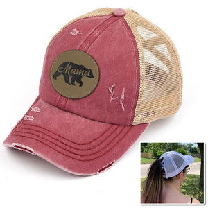 Mama Bear Engraved Leather Patch Premium Ponytail Hat