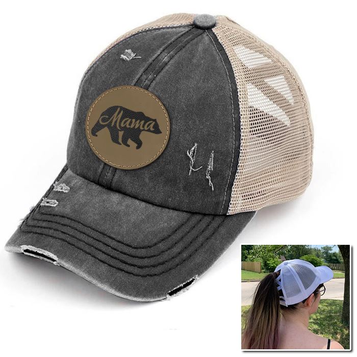 Mama Bear Engraved Leather Patch Premium Ponytail Hat