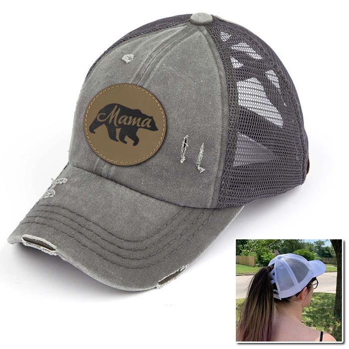 Mama Bear Engraved Leather Patch Premium Ponytail Hat