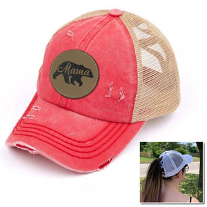 Mama Bear Engraved Leather Patch Premium Ponytail Hat