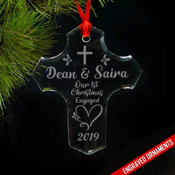 CUSTOM 1st Christmas Engaged Engraved Glass Ornament ZLAZER Cross Ornament 