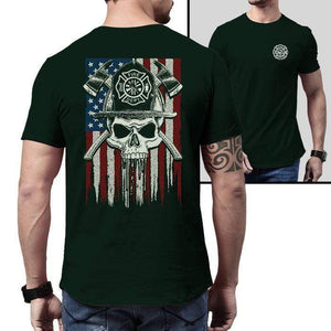 Firefighter American Flag Skull Premium Tee T-Shirts CustomCat Forest Green X-Small 