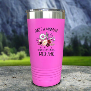 Just A Woman Who Loves Her Mechanic Color Printed Tumblers Tumbler Nocturnal Coatings 20oz Tumbler Pink 