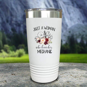 Just A Woman Who Loves Her Mechanic Color Printed Tumblers Tumbler Nocturnal Coatings 20oz Tumbler White 