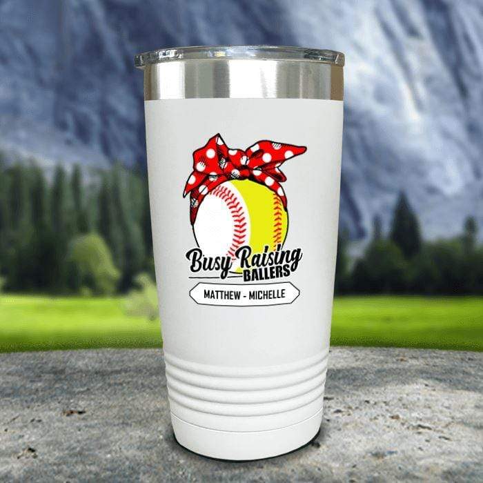 CUSTOM Busy Raising Ballers Color Printed Tumblers Tumbler Nocturnal Coatings 20oz Tumbler Softball/Baseball White