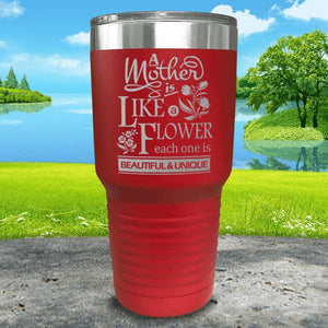 A Mother Is Like A Flower Engraved Tumbler Tumbler ZLAZER 30oz Tumbler Red 