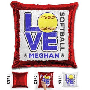 Personalized LOVE Softball Magic Sequin Pillow Pillow GLAM Red Blue 