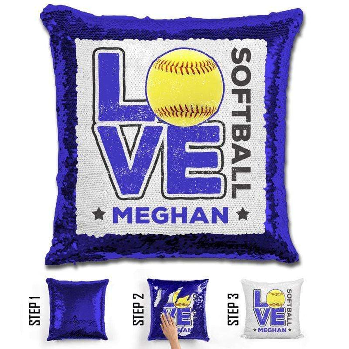 Personalized LOVE Softball Magic Sequin Pillow Pillow GLAM Blue Blue 