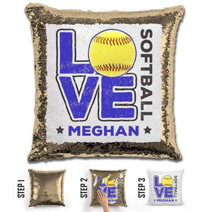 Personalized LOVE Softball Magic Sequin Pillow Pillow GLAM Gold Blue 