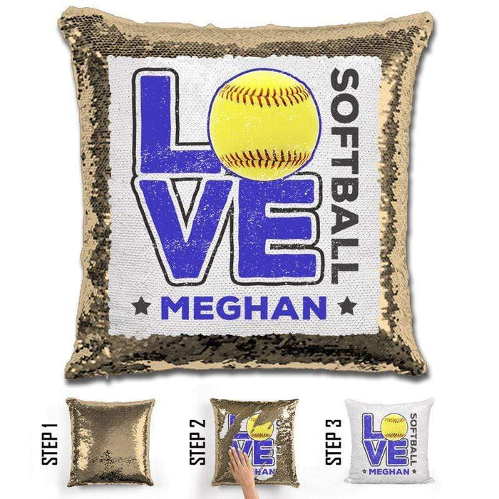 Personalized LOVE Softball Magic Sequin Pillow Pillow GLAM Gold Blue 