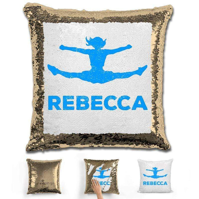 Competitive Cheerleader Personalized Magic Sequin Pillow Pillow GLAM Gold Light Blue 