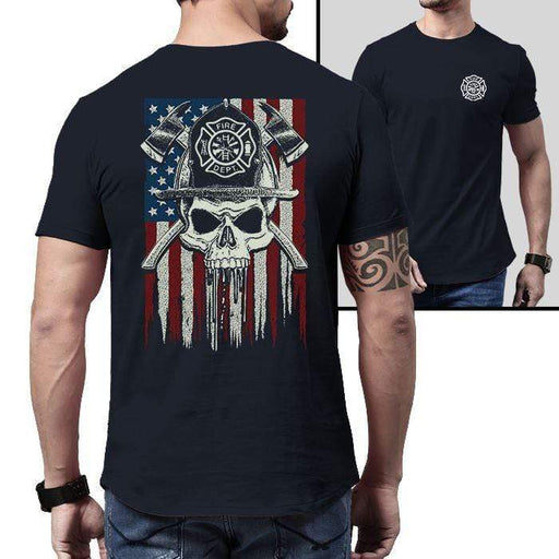 Firefighter American Flag Skull Premium Tee T-Shirts CustomCat Midnight Navy X-Small 