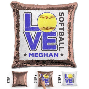 Personalized LOVE Softball Magic Sequin Pillow Pillow GLAM Rose Gold Blue 