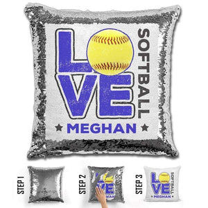 Personalized LOVE Softball Magic Sequin Pillow Pillow GLAM Silver Blue 