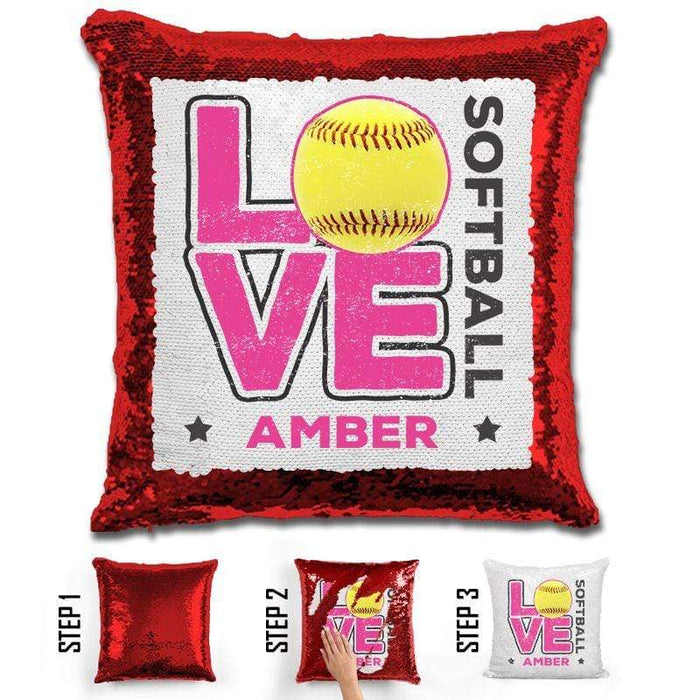 Personalized LOVE Softball Magic Sequin Pillow Pillow GLAM Red Pink 